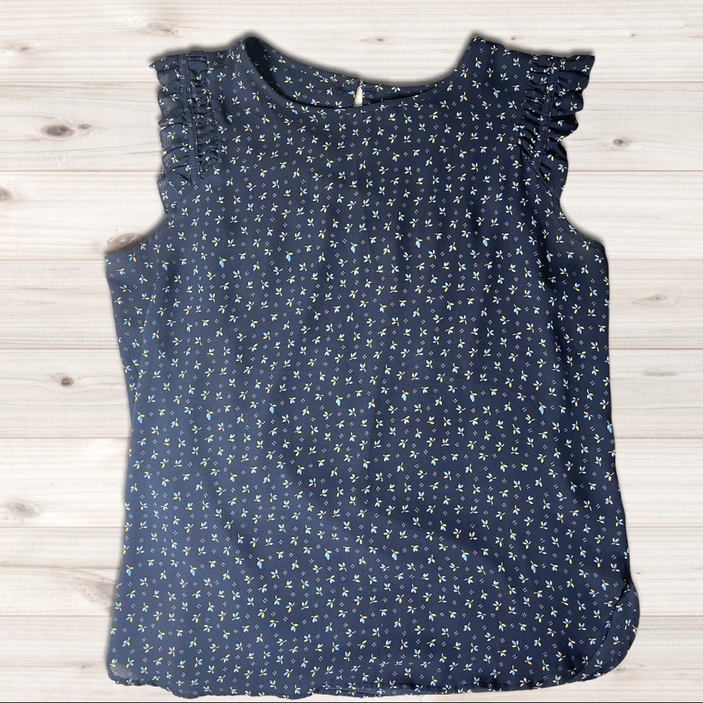 𝅺loft Blue Leaf Patterned Ruffle Flutter Blouse | Size LP